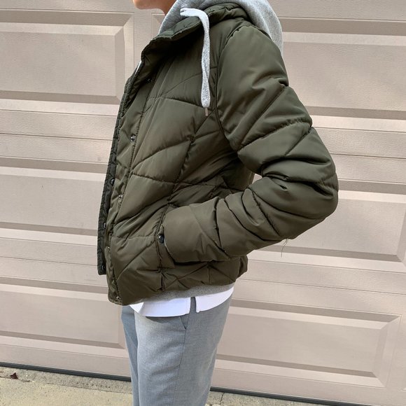 Green Puffer Jacket with Gray Hoodie - Picture 1 of 4